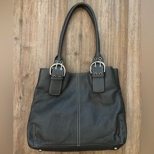 Gray Leather Tignanello Shoulder Bag with Silver Buckles